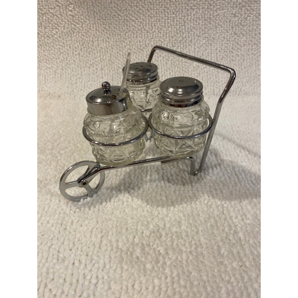 Glass Salt Pepper Shaker Condiment Set with‎ Metal Caddy Retro Kitchen Decor box